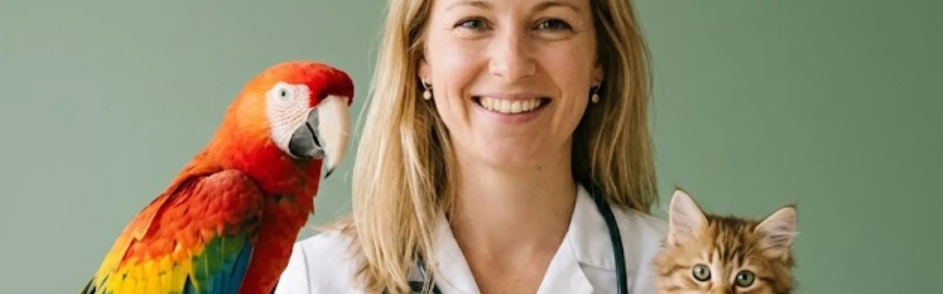 Une femme vétérinaire tient un perroquet et un chat